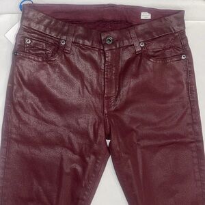 New  7 For All ManKind Faux Leather Skinny Burgundy Distressed Ripped Jeans 27